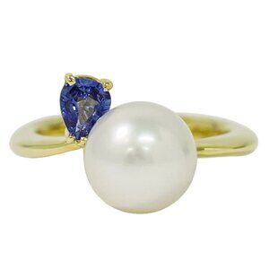 Pearl 9.3mm Blue Sapphire 0.37ct Ring K18 Yellow Gold US 5-5.5